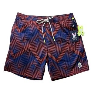 Psycho Bunny Mens XL Adrian Chevron Red Blue Striped Board Shorts Swim Trunks